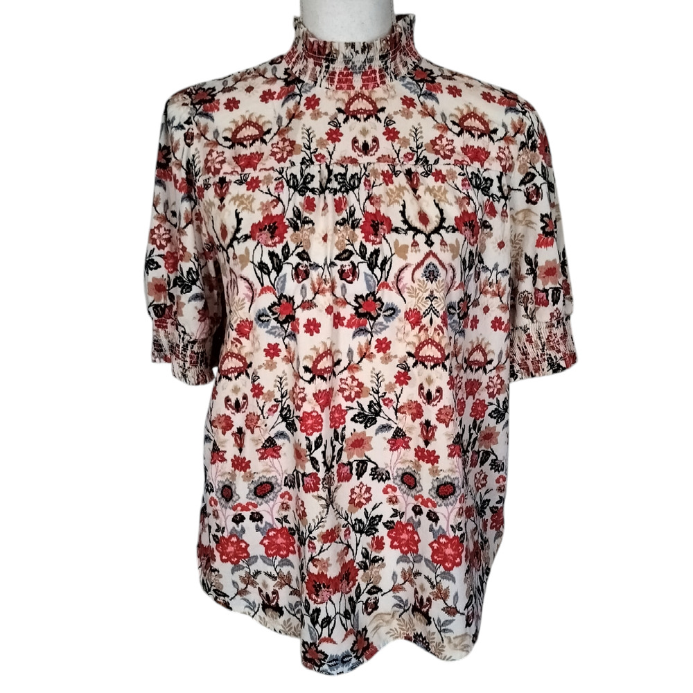 LOFT Floral Mock-Neck Short Sleeve Blouse in Cream, Red, Black